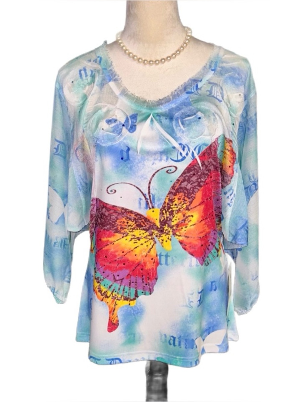 Alli Y~ Vintage ~ Medium ~ Sequin Multi-Colors ~ W/ Butterfly & Floral ~ Blouse